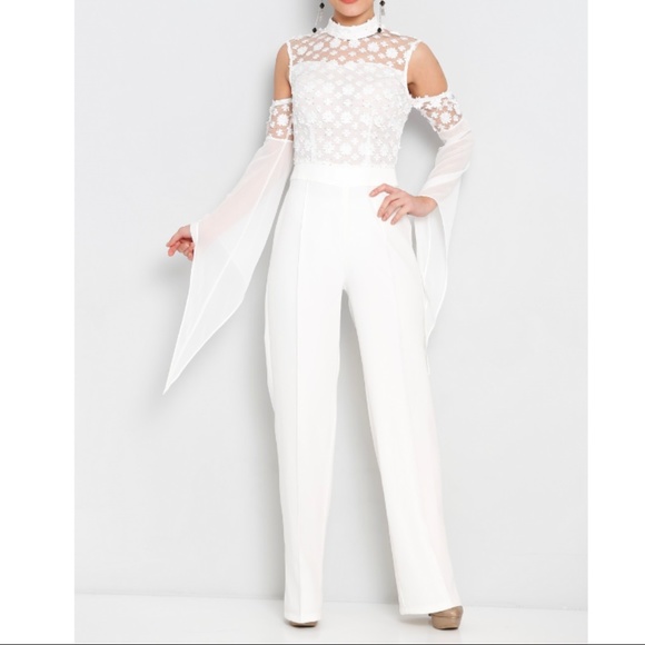 Pants - Jane White Cold Shoulder Lace detail  jumpsuit